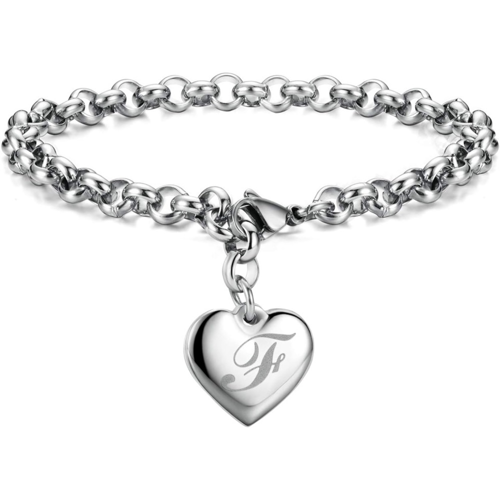 ❤️Letter F Silver Heart Initial Charm Bracelet